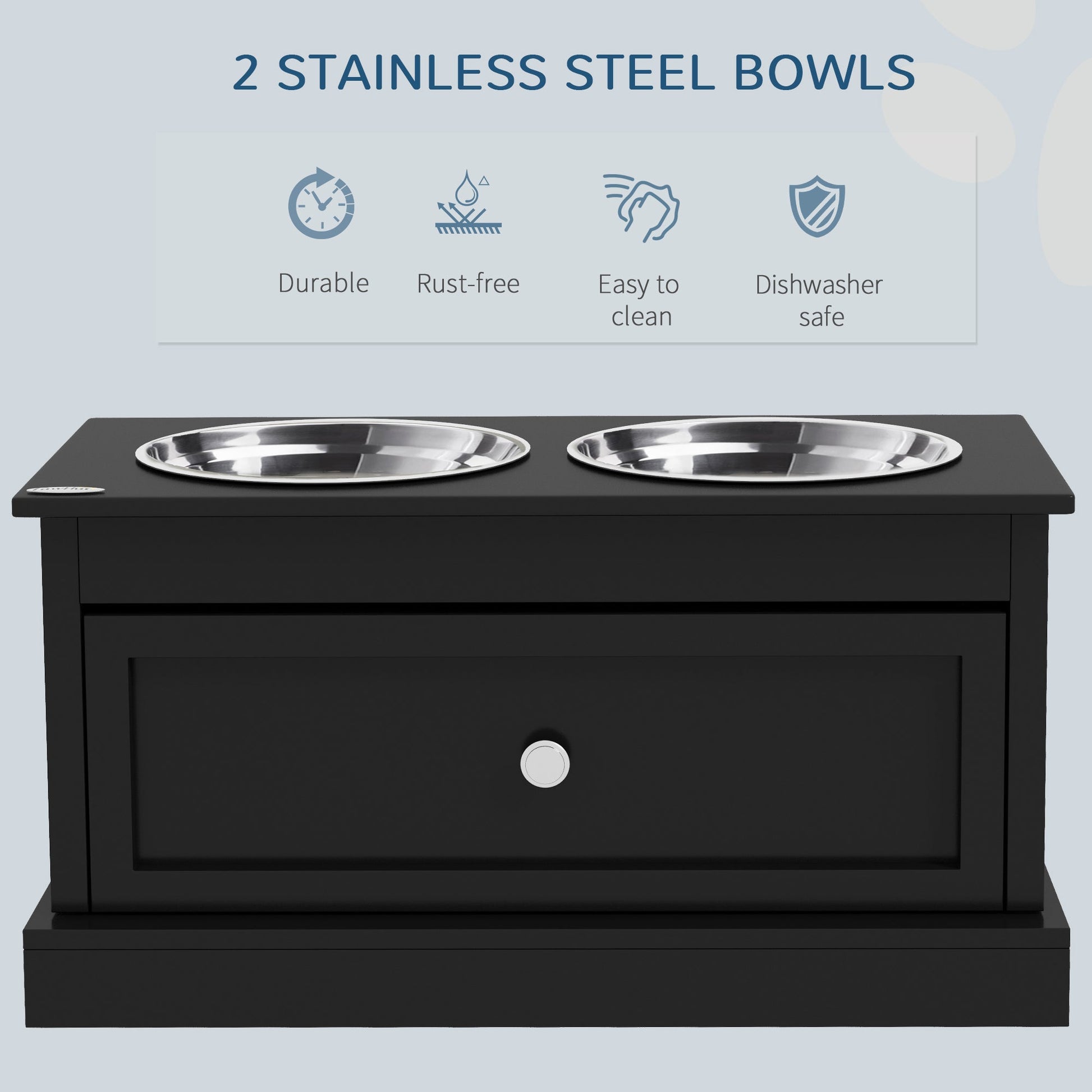 HKM-0082237 Large Elevated Dog Bowls with Storage Drawer for Large Dogs - Stainless Steel Bowls, Easy to Clean, Modern Design