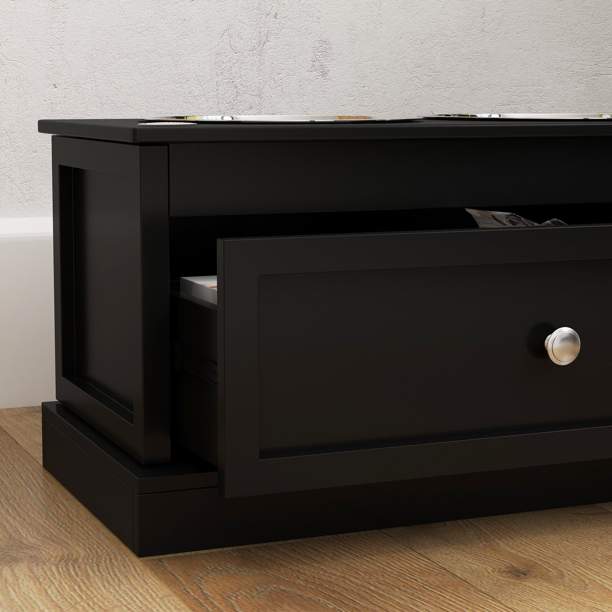 HKM-0082237 Large Elevated Dog Bowls with Storage Drawer for Large Dogs - Stainless Steel Bowls, Easy to Clean, Modern Design