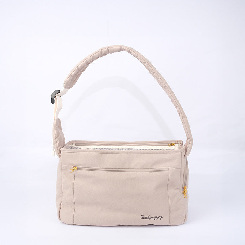HKM-0084285 Large Capacity Soft Surface Messenger Bag for Pets - Comfortable Black & Beige Backpack