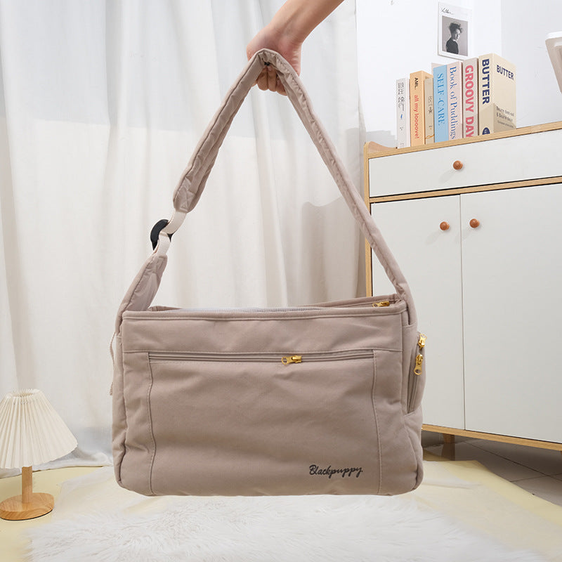HKM-0084285 Large Capacity Soft Surface Messenger Bag for Pets - Comfortable Black & Beige Backpack