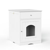HKM-0085693 Wooden Cat Litter Box House with Drawers and Side Table, Indoor Pet Cage, White finish