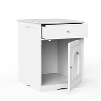 HKM-0085693 Wooden Cat Litter Box House with Drawers and Side Table, Indoor Pet Cage, White finish