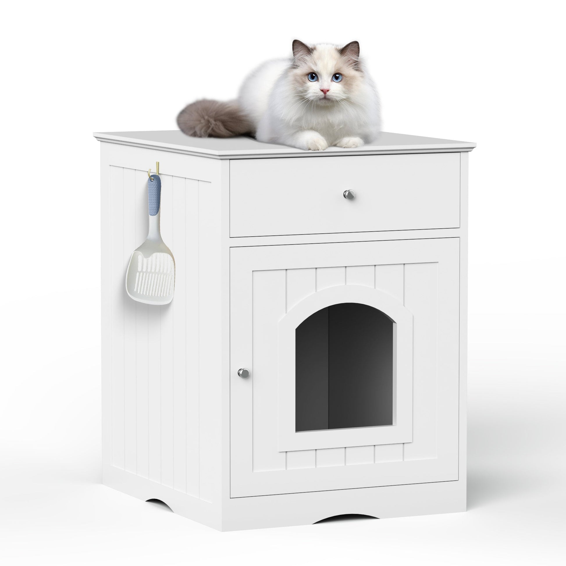 HKM-0085693 Wooden Cat Litter Box House with Drawers and Side Table, Indoor Pet Cage, White finish