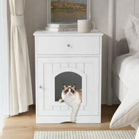 HKM-0085693 Wooden Cat Litter Box House with Drawers and Side Table, Indoor Pet Cage, White finish