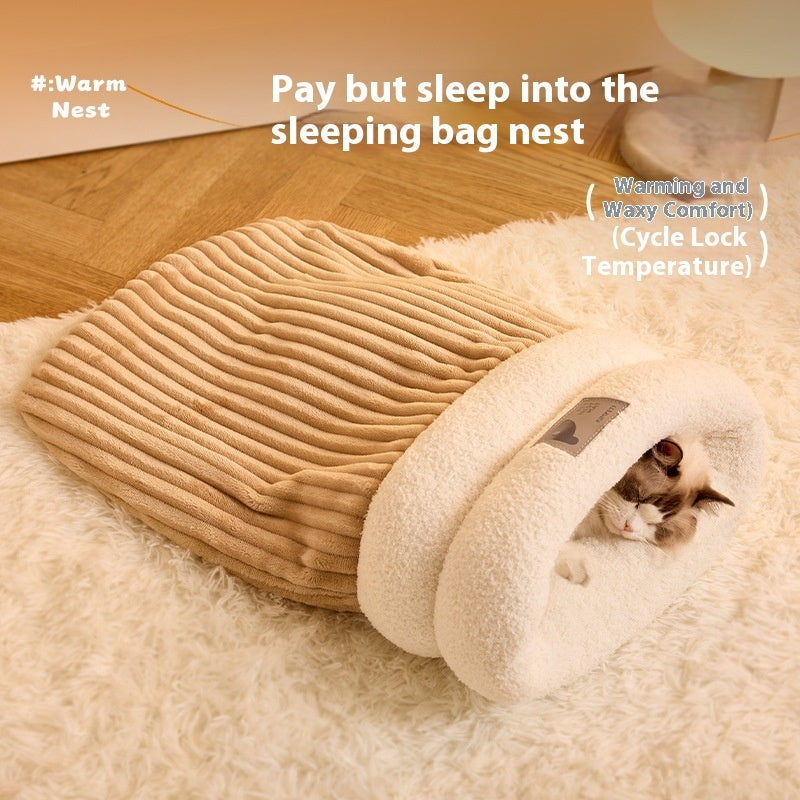 HKM-0086077 Cozy Semi-Enclosed Pet Sleeping Bag for Cats and Dogs ¨C Warm Plush Bed for Home Use