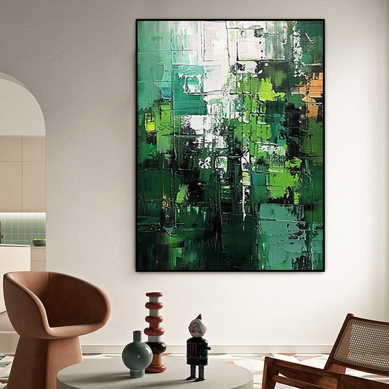 HKM-008787 Large Green Abstract Handmade Oil Painting - Vertical Modern Canvas Wall Art for Home Decor
