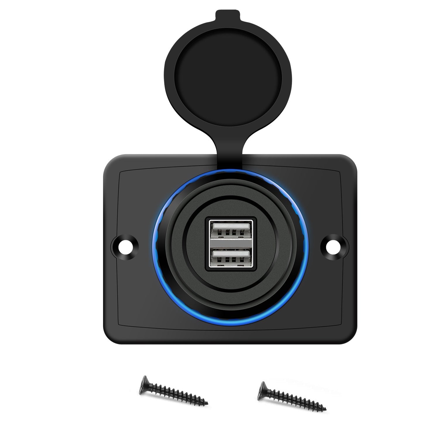 HKM-008915 Dual USB Car Charger 3.1A with Blue LED Display, Fireproof PE, Compatible with Mobile Devices, Boats, ATVs, RVs, and More