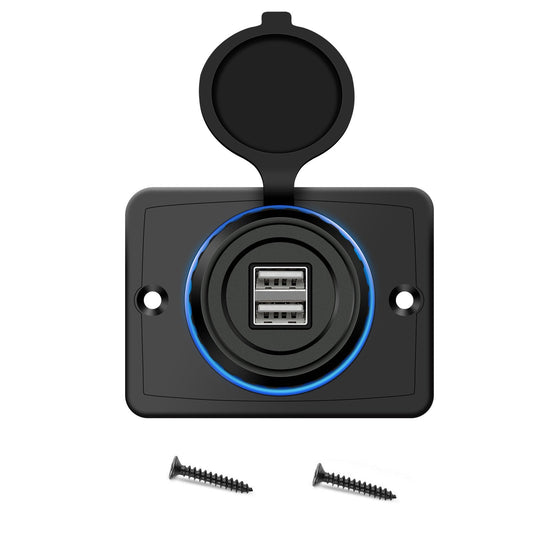 HKM-008915 Dual USB Car Charger 3.1A with Blue LED Display, Fireproof PE, Compatible with Mobile Devices, Boats, ATVs, RVs, and More