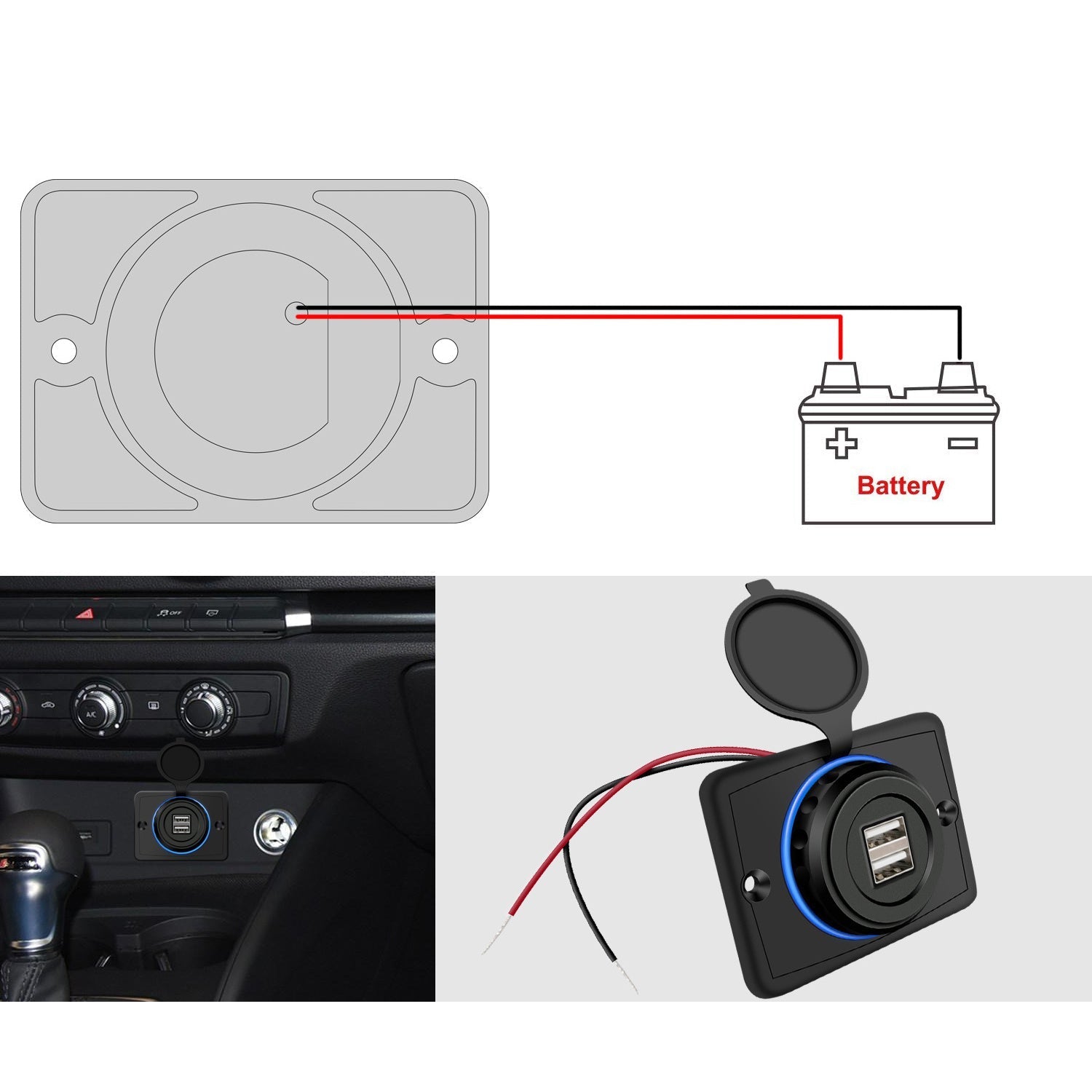 HKM-008915 Dual USB Car Charger 3.1A with Blue LED Display, Fireproof PE, Compatible with Mobile Devices, Boats, ATVs, RVs, and More
