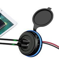 HKM-008915 Dual USB Car Charger 3.1A with Blue LED Display, Fireproof PE, Compatible with Mobile Devices, Boats, ATVs, RVs, and More