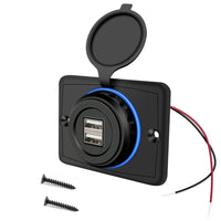 HKM-008915 Dual USB Car Charger 3.1A with Blue LED Display, Fireproof PE, Compatible with Mobile Devices, Boats, ATVs, RVs, and More