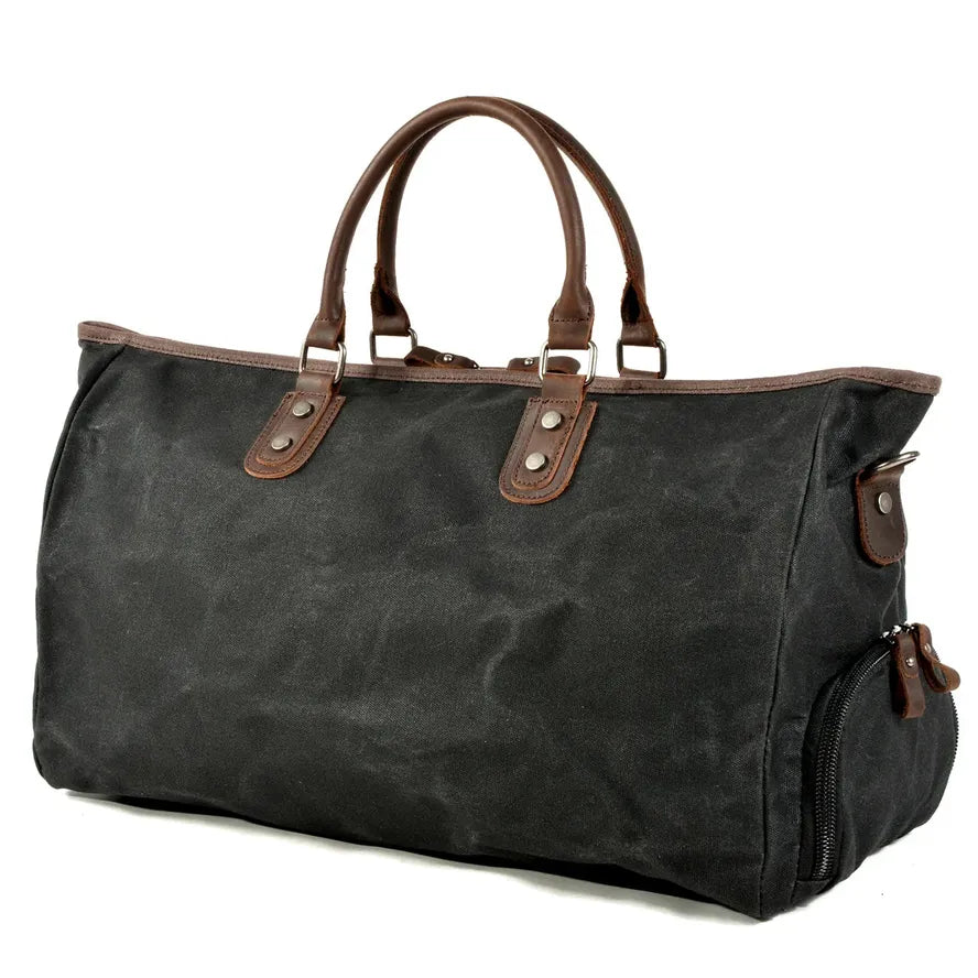 HKM-008915 Large Capacity Waterproof Batik Canvas Travel Bag with Crazy Horse Cowhide Leather Trim