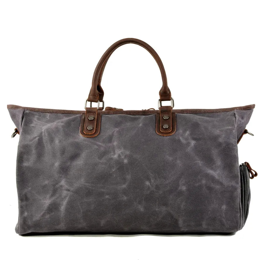 HKM-008915 Large Capacity Waterproof Batik Canvas Travel Bag with Crazy Horse Cowhide Leather Trim