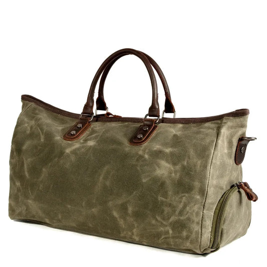 HKM-008915 Large Capacity Waterproof Batik Canvas Travel Bag with Crazy Horse Cowhide Leather Trim