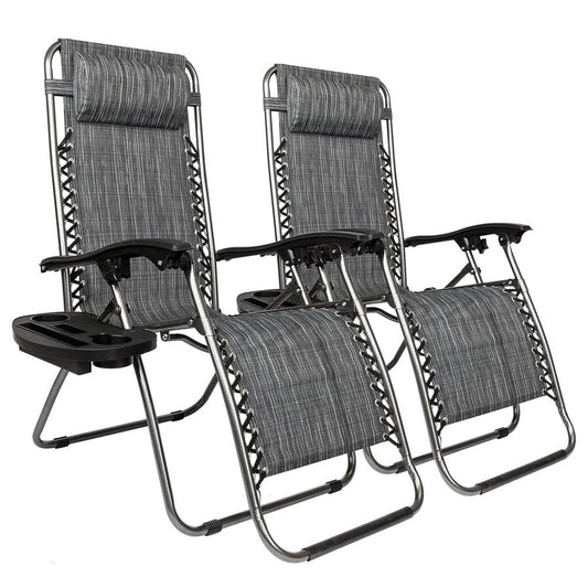 HKM-009043 Adjustable Folding Lounger Set with Pillow and Tray for Outdoor Relaxation, Grey