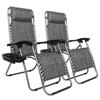 HKM-009043 Adjustable Folding Lounger Set with Pillow and Tray for Outdoor Relaxation, Grey