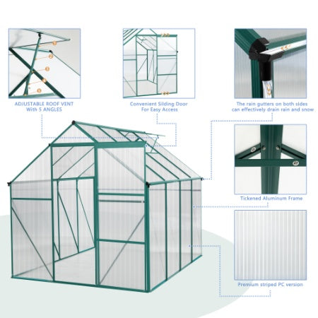 HKM-0091453 6 x 8 FT Outdoor Aluminum Patio Greenhouse with Sliding Door and Adjustable Roof
