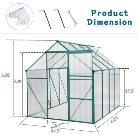 HKM-0091453 6 x 8 FT Outdoor Aluminum Patio Greenhouse with Sliding Door and Adjustable Roof