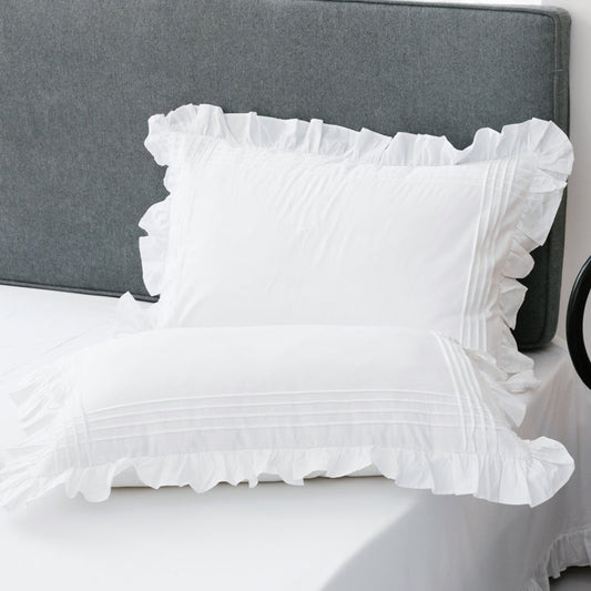 HKM-009171 Pure White Cotton Twill Korean Style Ruffled Pillowcase Set - 1 Pair, 48x74cm