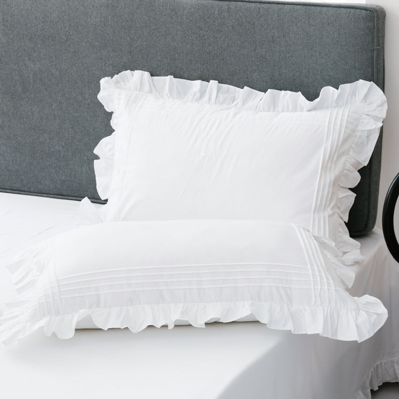 HKM-009171 Pure White Cotton Twill Korean Style Ruffled Pillowcase Set - 1 Pair, 48x74cm