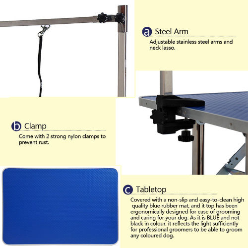 HKM-0095421 36 Inch Folding Pet Grooming Table with Stainless Steel Frame and Adjustable Arm for Dogs and Cats