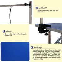 HKM-0095421 36 Inch Folding Pet Grooming Table with Stainless Steel Frame and Adjustable Arm for Dogs and Cats