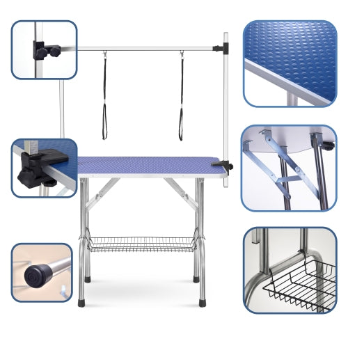 HKM-0095421 36 Inch Folding Pet Grooming Table with Stainless Steel Frame and Adjustable Arm for Dogs and Cats