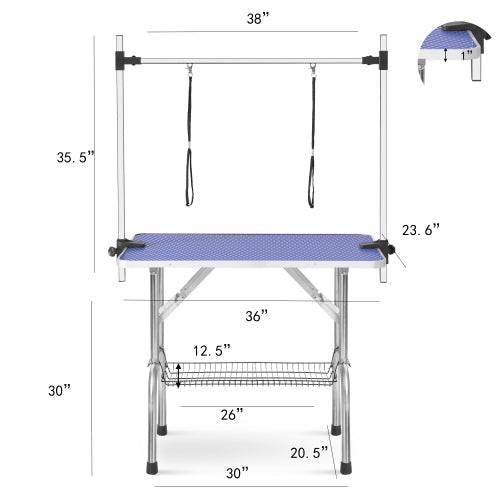 HKM-0095421 36 Inch Folding Pet Grooming Table with Stainless Steel Frame and Adjustable Arm for Dogs and Cats