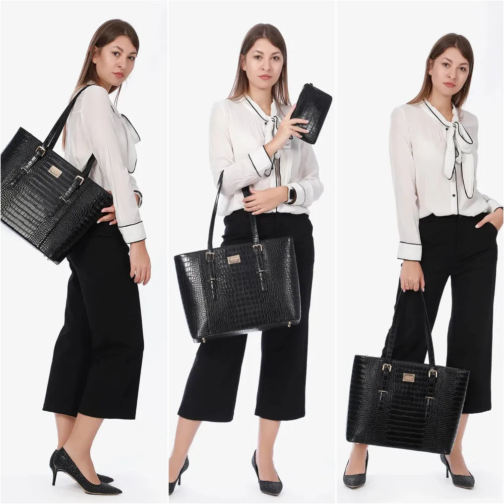 HKM-009555 Elegant 15.6 Inch Laptop Tote Bag for Women - Spacious 2-Piece Handbag Set