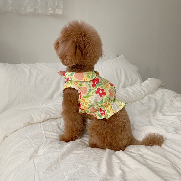 HKM-0095933 Flower Bow Tie Mermaid Skirt for Pets - Yellow & Blue Floral Design, Various Sizes Available