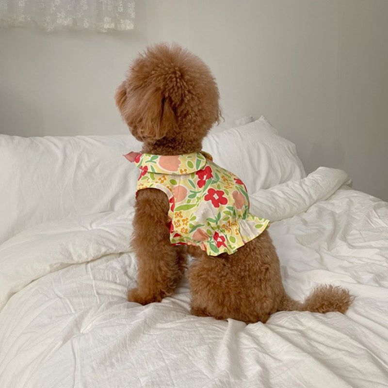 HKM-0095933 Flower Bow Tie Mermaid Skirt for Pets - Yellow & Blue Floral Design, Various Sizes Available