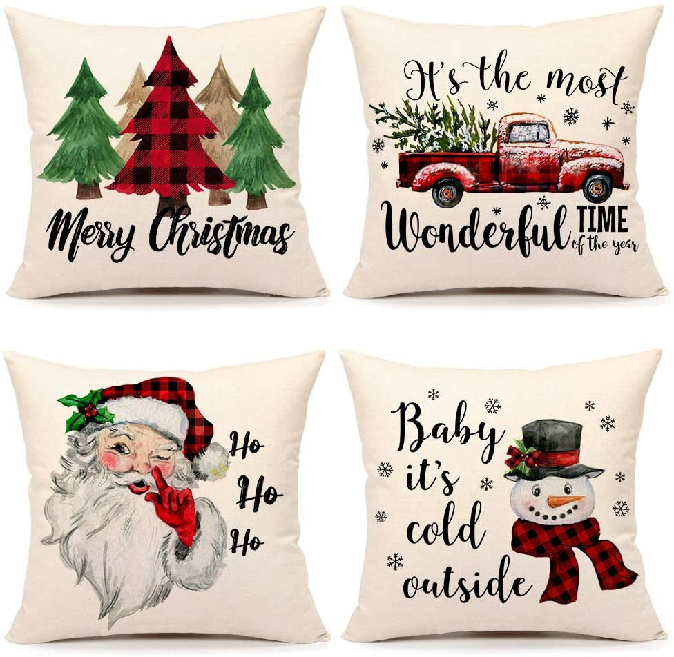 HKM-009683 Christmas Santa Linen Pillowcase for Sofa Cushion - 45cm x 45cm, Digital Print Design, Plain Back