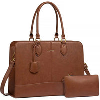 HKM-0098643 vintage PU leather work tote with a pouch and gold hardware