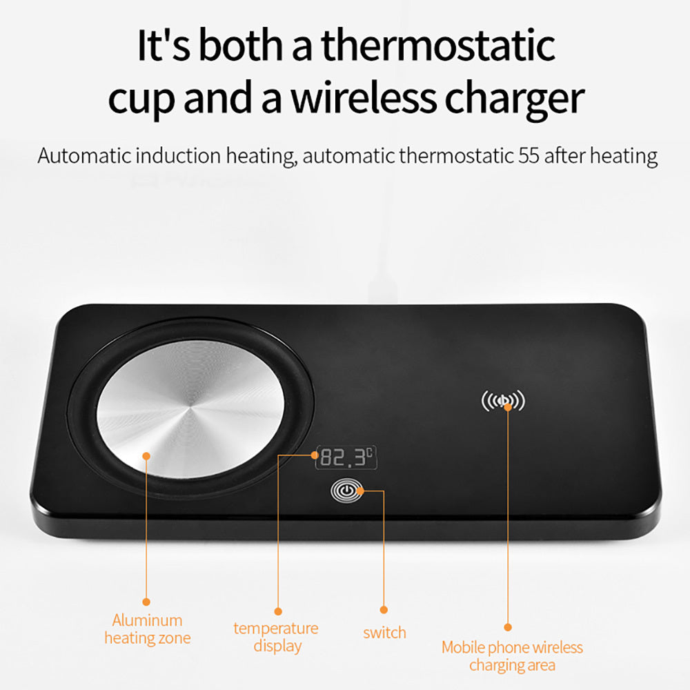 HKM-009875 Wireless Charging Pad with Constant Temperature Heating, 24W USB Power Supply, Black ABS Design