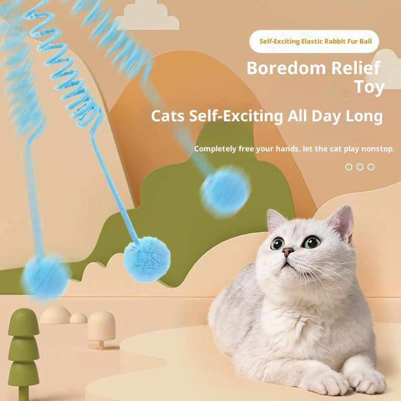 HKM-0100797 Interactive Cat Toy with Suction Cup, Spring Rabbit Fur Ball & Elastic Rope for Self-Entertainment