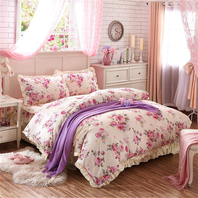 HKM-010323 Thickened Non-Slip Cotton Bed Sheet with Romantic Lace Design
