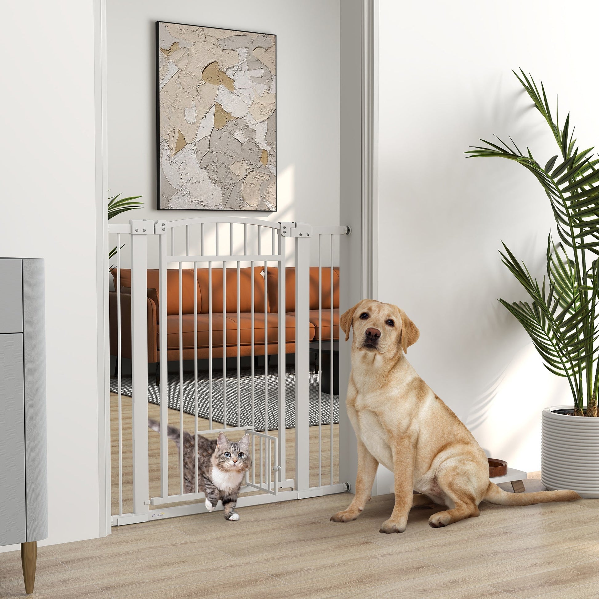 HKM-0104765 Extra Wide 30"-41" Adjustable Walk-Through Pet Gate with Cat Door and Extension Kits, 42" High