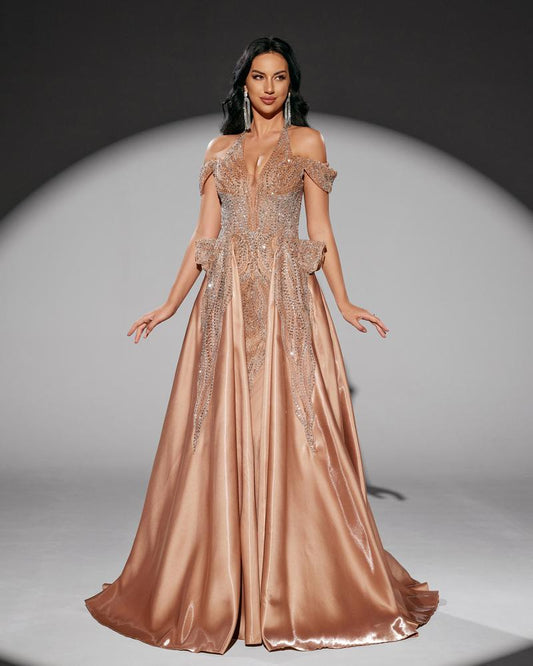 HKM-010707 Elegant Golden Evening Dress for Women - Style EZ25218