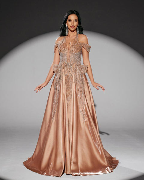 HKM-010707 Elegant Golden Evening Dress for Women - Style EZ25218