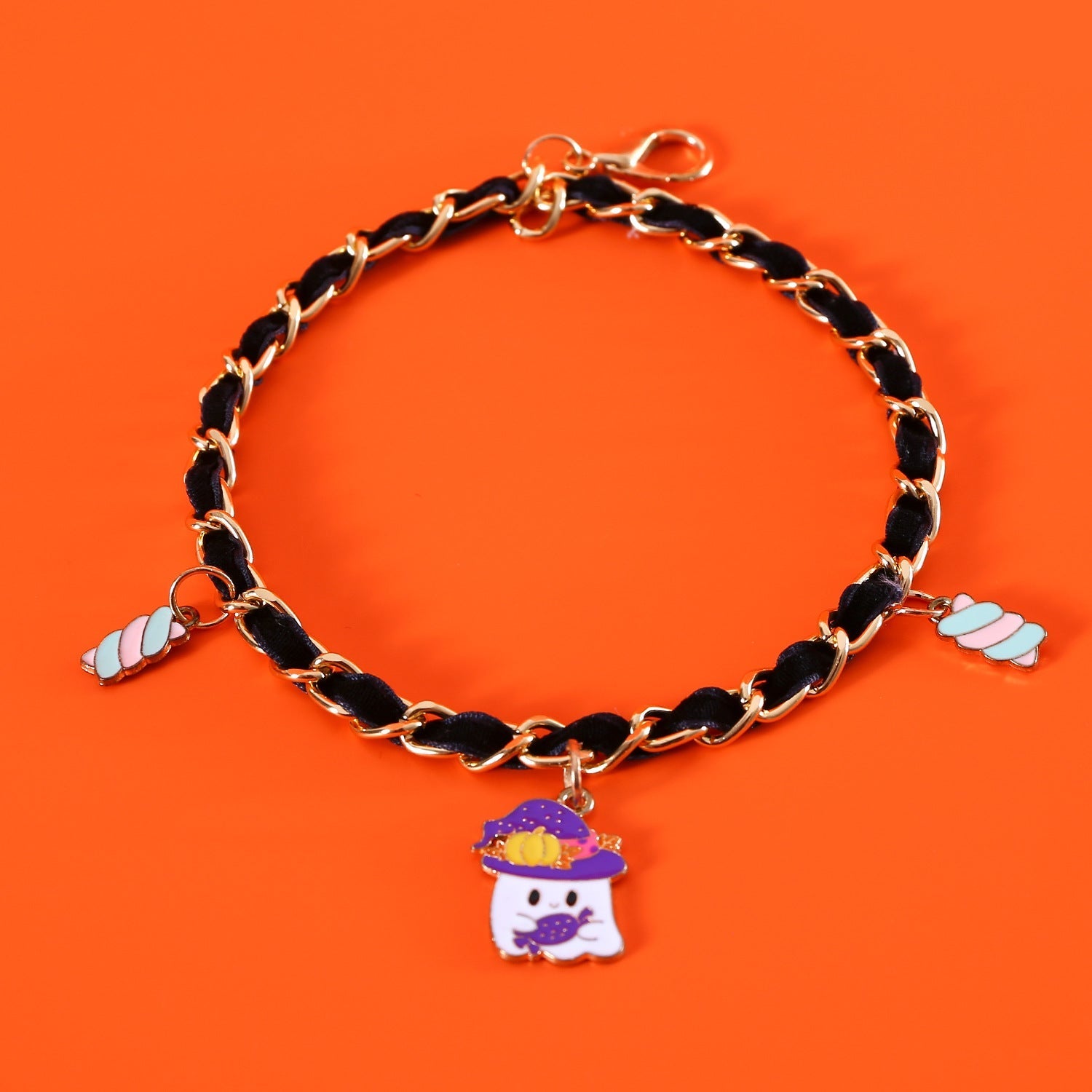 HKM-0111037 Velvet Halloween Pet Collar with Monochrome Dripping Bat and Metal Pumpkin, Ghost, Spider Accessories