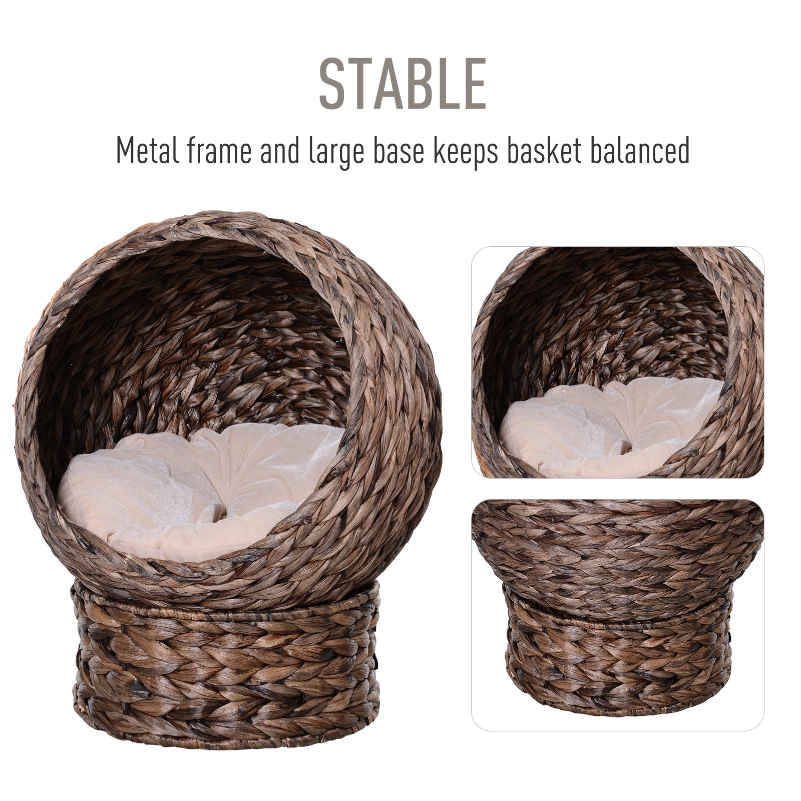 HKM-0113469 Elevated Handwoven Cat Bed with Rotating Basket and Soft Cushion, Wicker Egg Chair, Cozy Gray Design