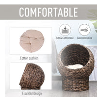 HKM-0113469 Elevated Handwoven Cat Bed with Rotating Basket and Soft Cushion, Wicker Egg Chair, Cozy Gray Design