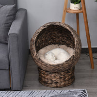 HKM-0113469 Elevated Handwoven Cat Bed with Rotating Basket and Soft Cushion, Wicker Egg Chair, Cozy Gray Design