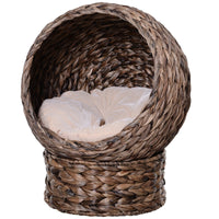 HKM-0113469 Elevated Handwoven Cat Bed with Rotating Basket and Soft Cushion, Wicker Egg Chair, Cozy Gray Design
