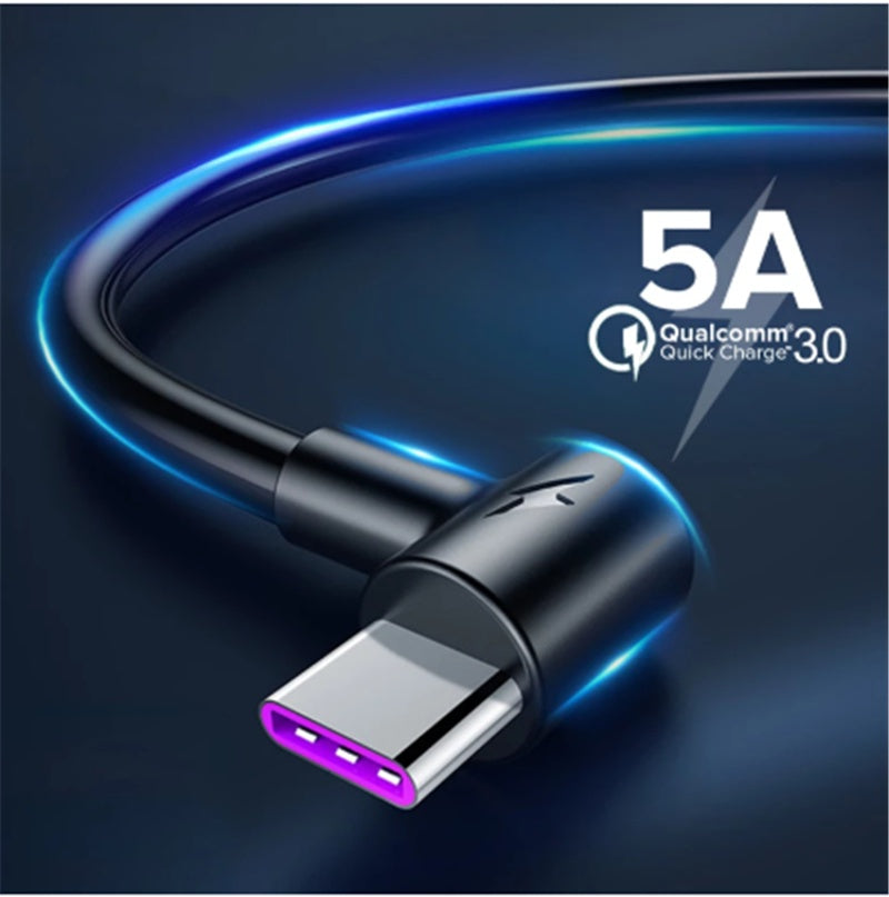 HKM-011539 5A Fast Charging Elbow Data Cable with Type-C Interface for Android Phones - Available in 1m, 1.5m, 2m, 3m Lengths