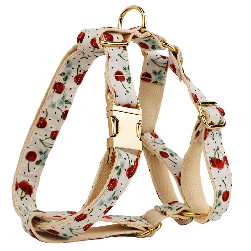 HKM-0116285 Red Cherry Pet Collar and Leash Set with Cute Bow and Gold Release Buckle, Five-Piece Accessory Kit