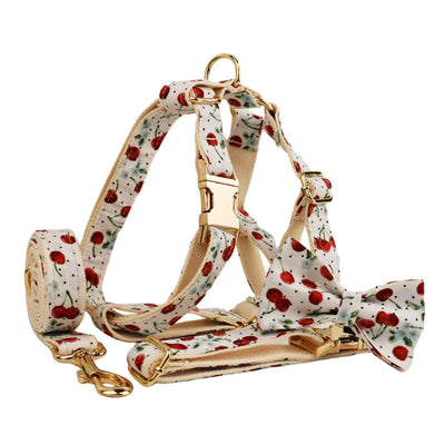 HKM-0116285 Red Cherry Pet Collar and Leash Set with Cute Bow and Gold Release Buckle, Five-Piece Accessory Kit