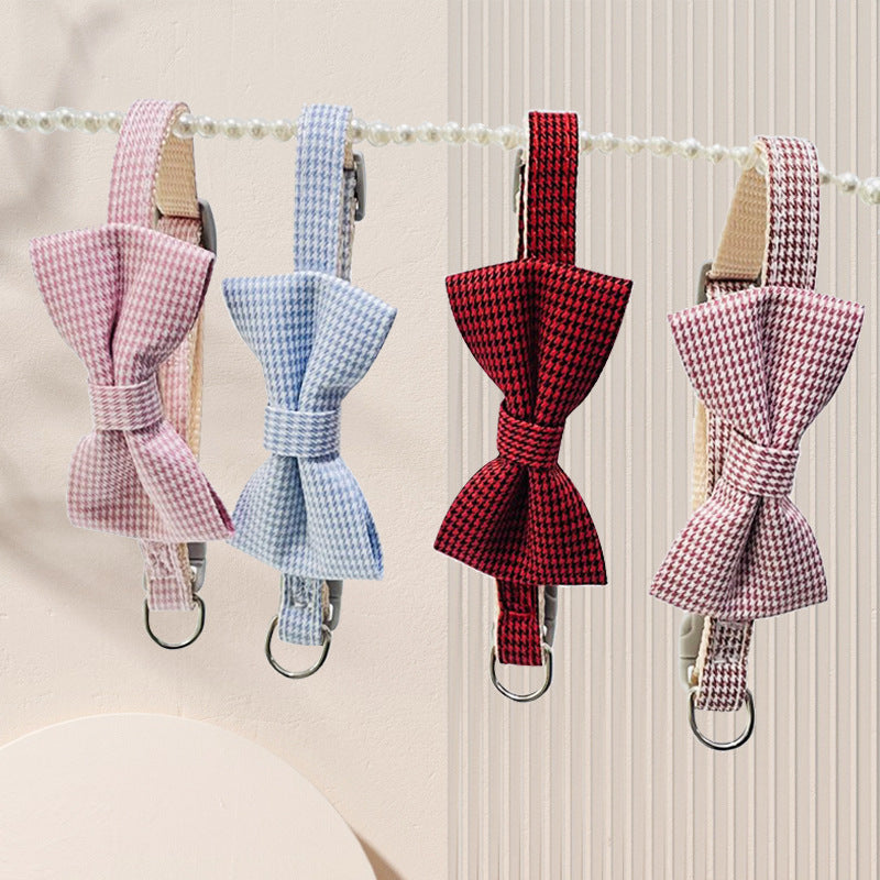 HKM-0116797 Houndstooth Pattern Bow Pet Collar for Cats and Dogs - Red, Blue, Pink, Brown, Nylon, 23-30cm