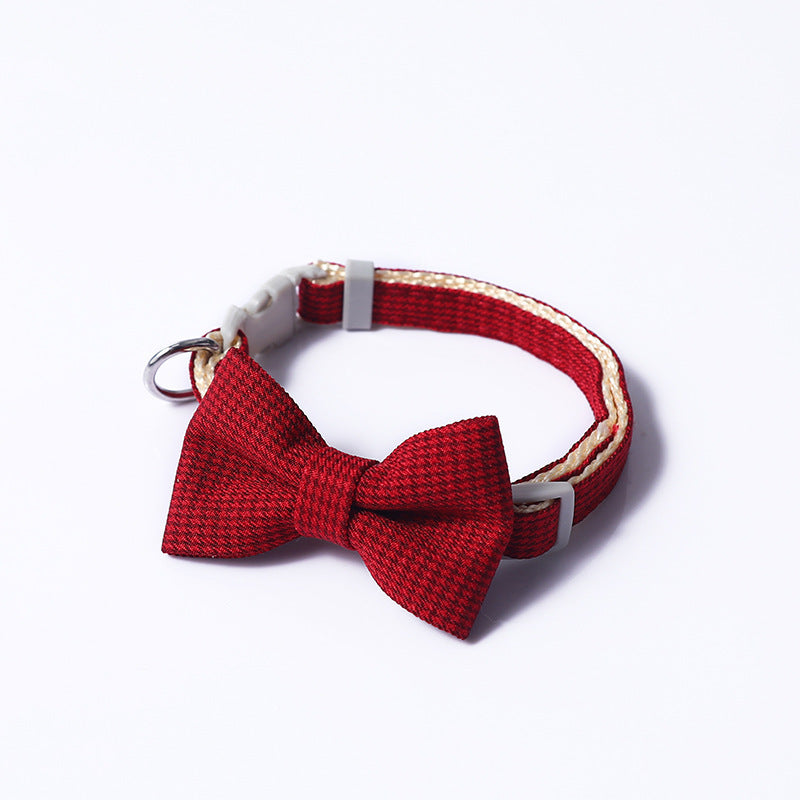 HKM-0116797 Houndstooth Pattern Bow Pet Collar for Cats and Dogs - Red, Blue, Pink, Brown, Nylon, 23-30cm