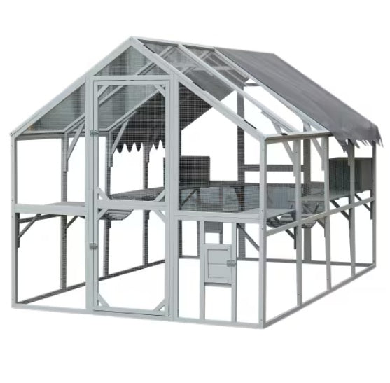 HKM-0118461 Outdoor Cat House with Playpen and Waterproof Cover - Spacious Cat Shelter for Garden or Backyard